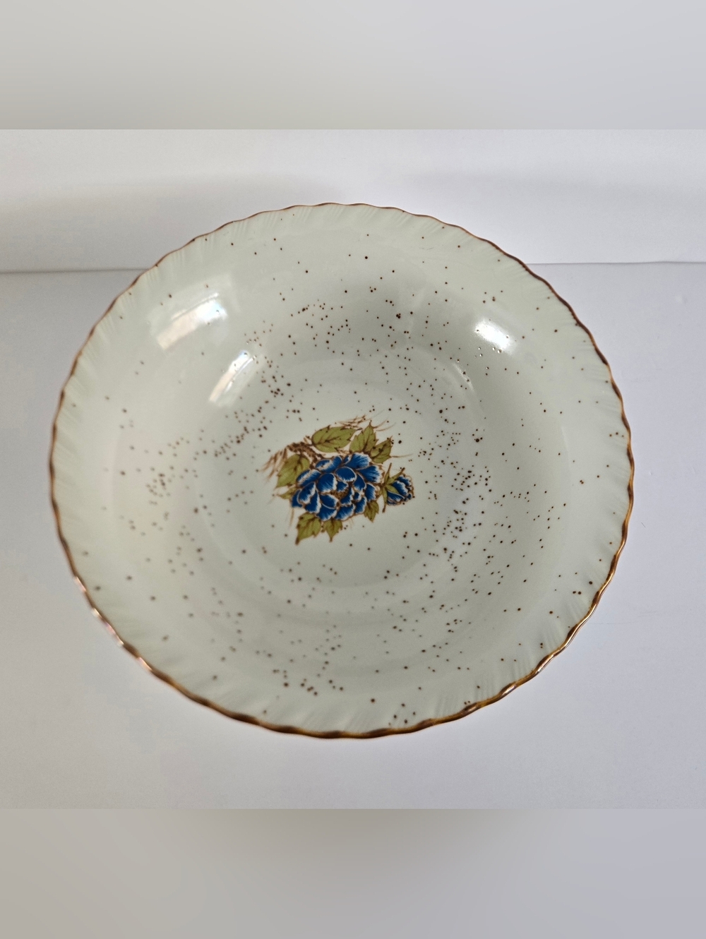 Japan Stoneware Flowers/ Speckled Soup Bowl Vtg